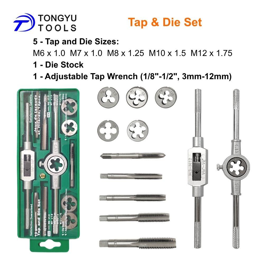12Pcs Metric Tap and Die Set M6-M12 Thread Repair Re-threading Tool Kit with Tap Wrench Die Stock