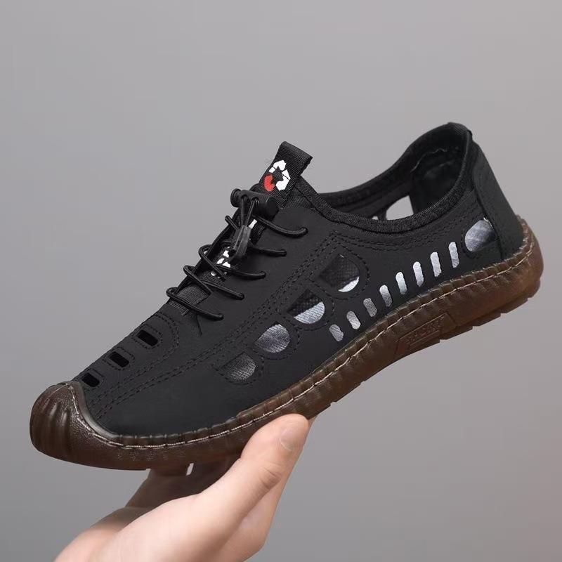 Men's Summer Hollow Sandals Hand-stitched Soft Sole Soft Surface Breathable Casual Hole Shoes Driving Shoes