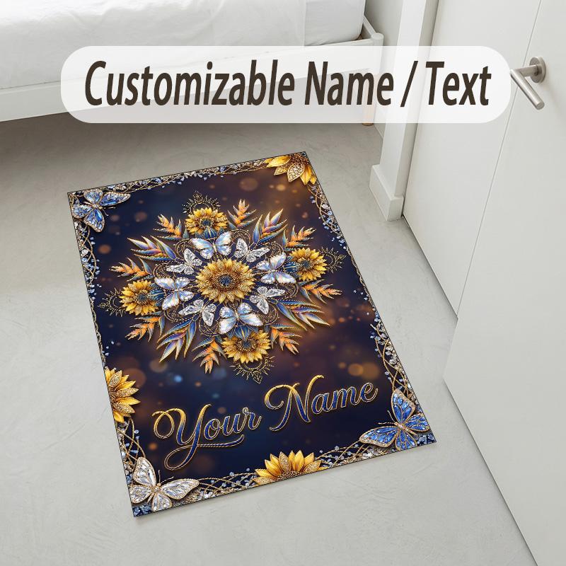 Floral Garden Theme Crystal Velvet Rug Personalized Custom Name Text Soft Floor Mat Home Decor
