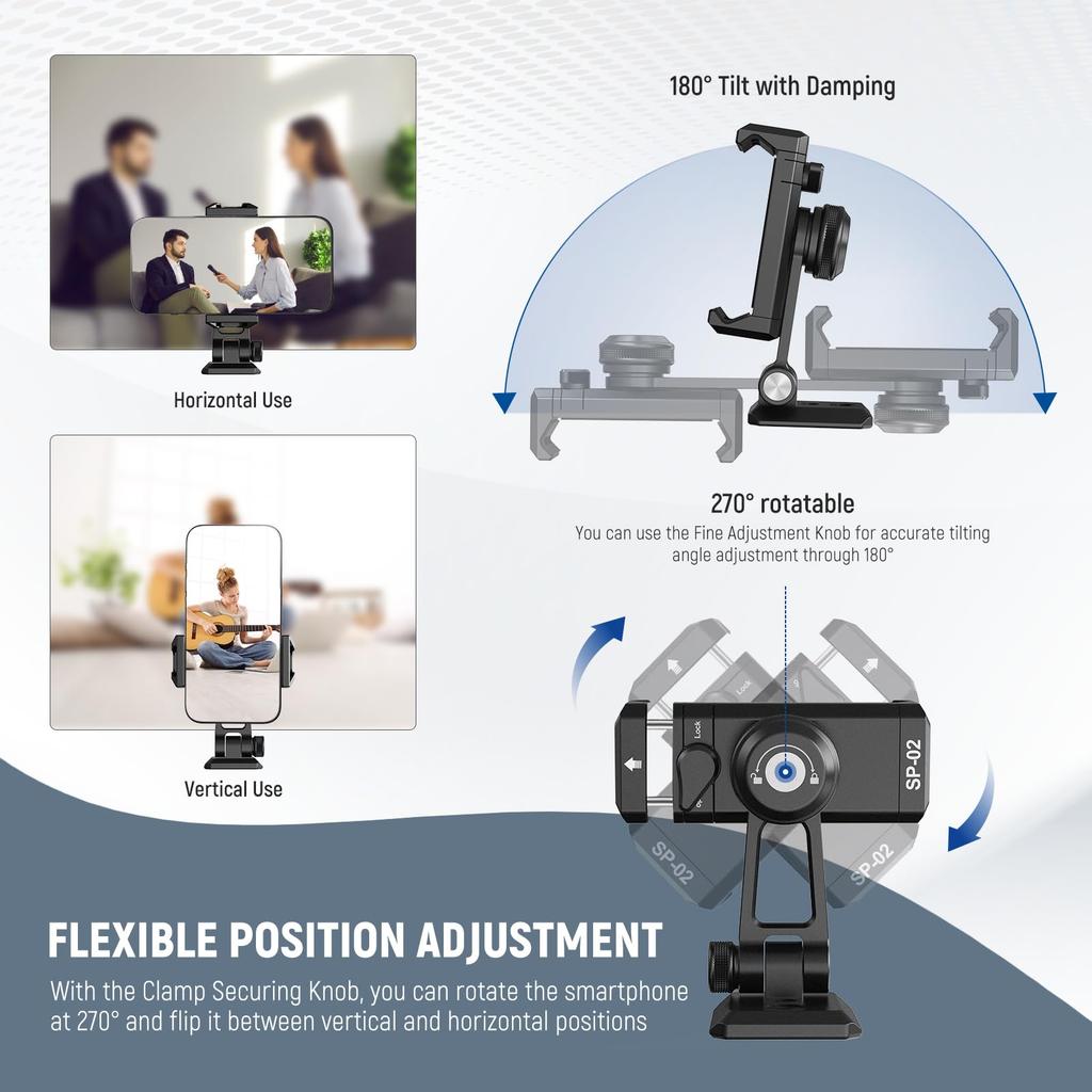 NEEWER Smartphone Tripod Mount Aluminum Smartphone Holder Clamp with Cold and Compatible with iPhone Pro Mini and Galaxy S23 Adapter, Shoe, 1/4" 3/8"