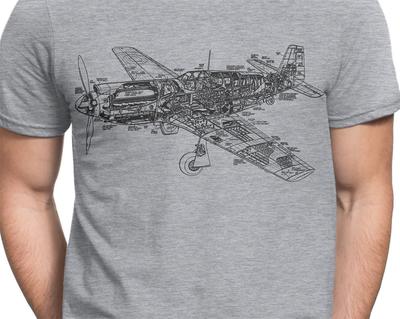 P-51 Mustang Jagdflugzeug T-Shirt S-XXL, WK2, Flugzeug, Skizze, Zeichnung, Bauplan, Schaltplan, Cooles Geschenk