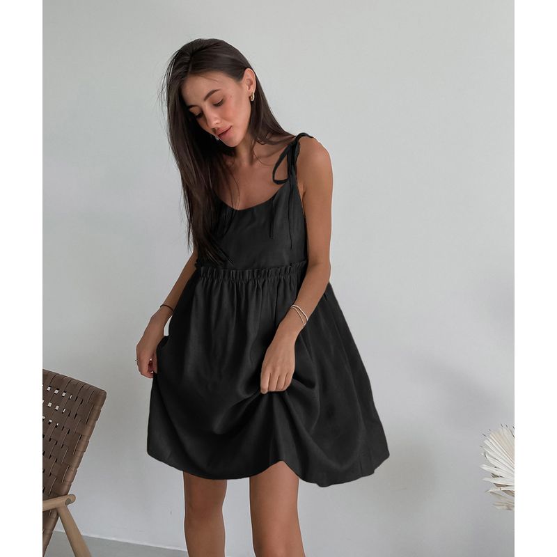 

Fashion Style Open Back A- line Skirt Summer Cotton Linen Sleeveless Black L