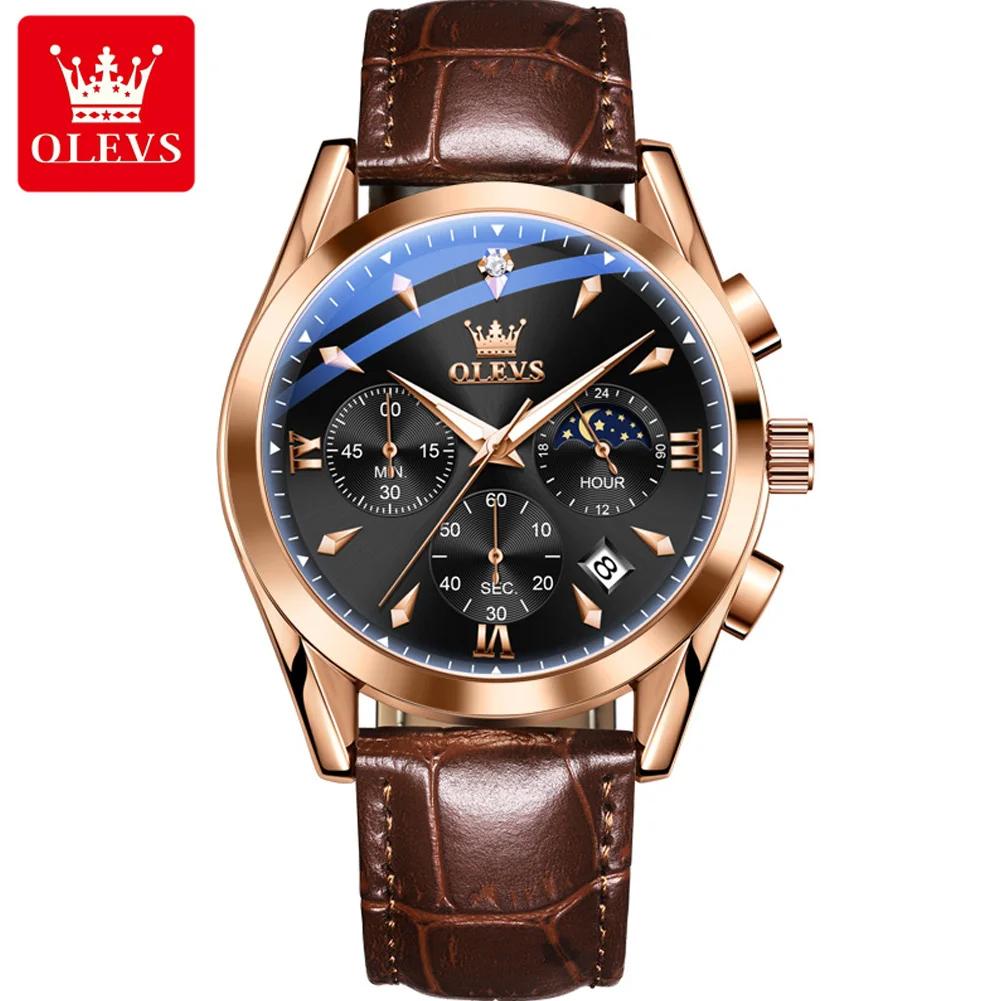 OLEVS 3609 Luxury Leather Quartz Mens Wristwatches Original Moon Phase Chronograph Waterproof Luminous Watch for Men Reloj Mujer