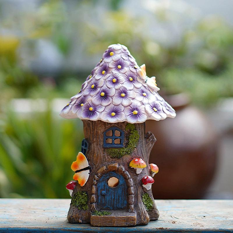 Fairy Garden House Solar Outdoor Statue Light Up Resin Cute Mini Mushroom Figurines Lawn Decorations For Yard Miniature House