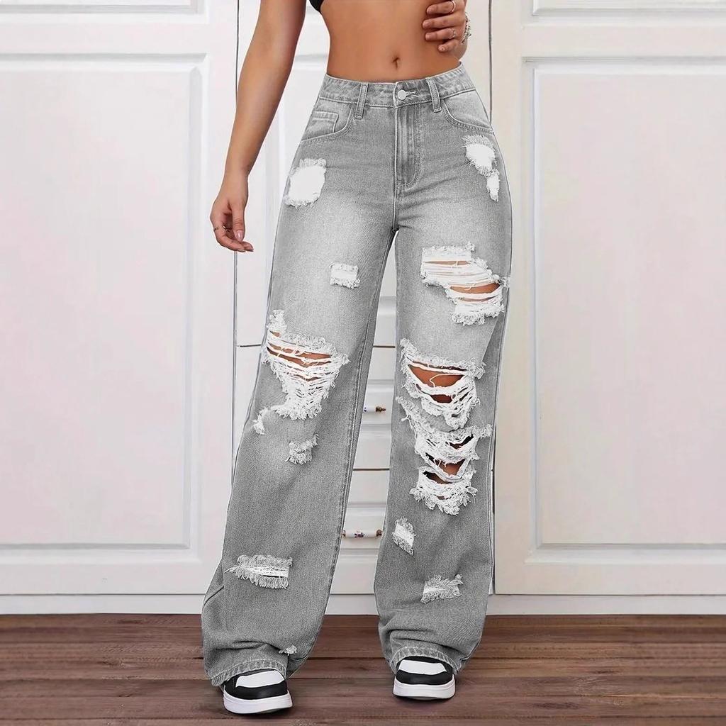 Jeans strappati vita alta dritti versatili larghi in denim donna trendy multi strappati sfilacciati vita alta gamba larga jeans