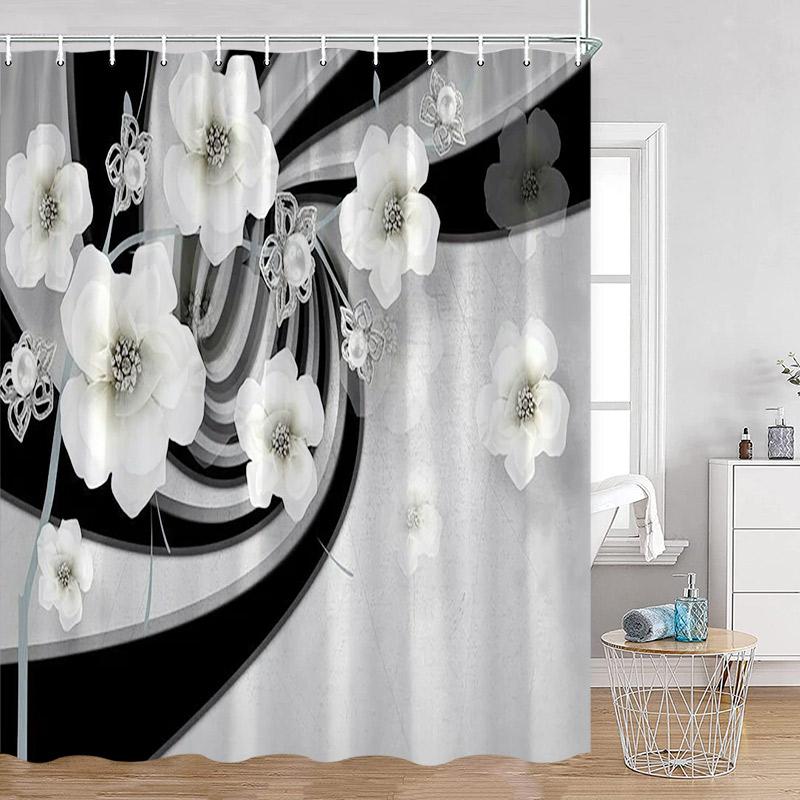Luxury Gold White Floral Shower Curtain Rose Butterfly Cherry Blossom Modern Art Flower Polyester Fabric Bathroom Curtains Dec