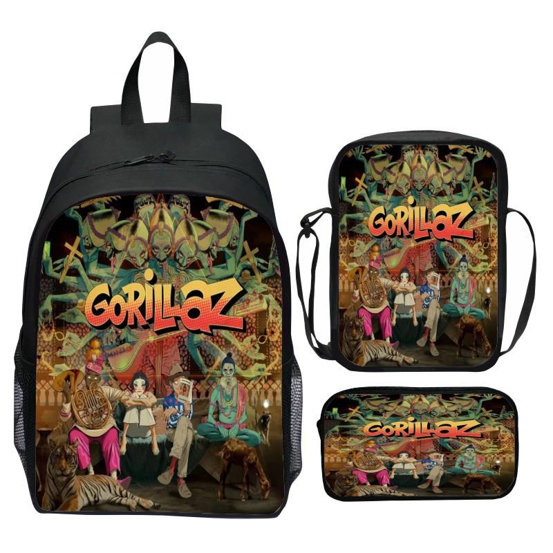 Gorillaz UK Virtual Band Printed Cartoon Backpack 3-Piece Set School Bag Lightweight Large Capacity