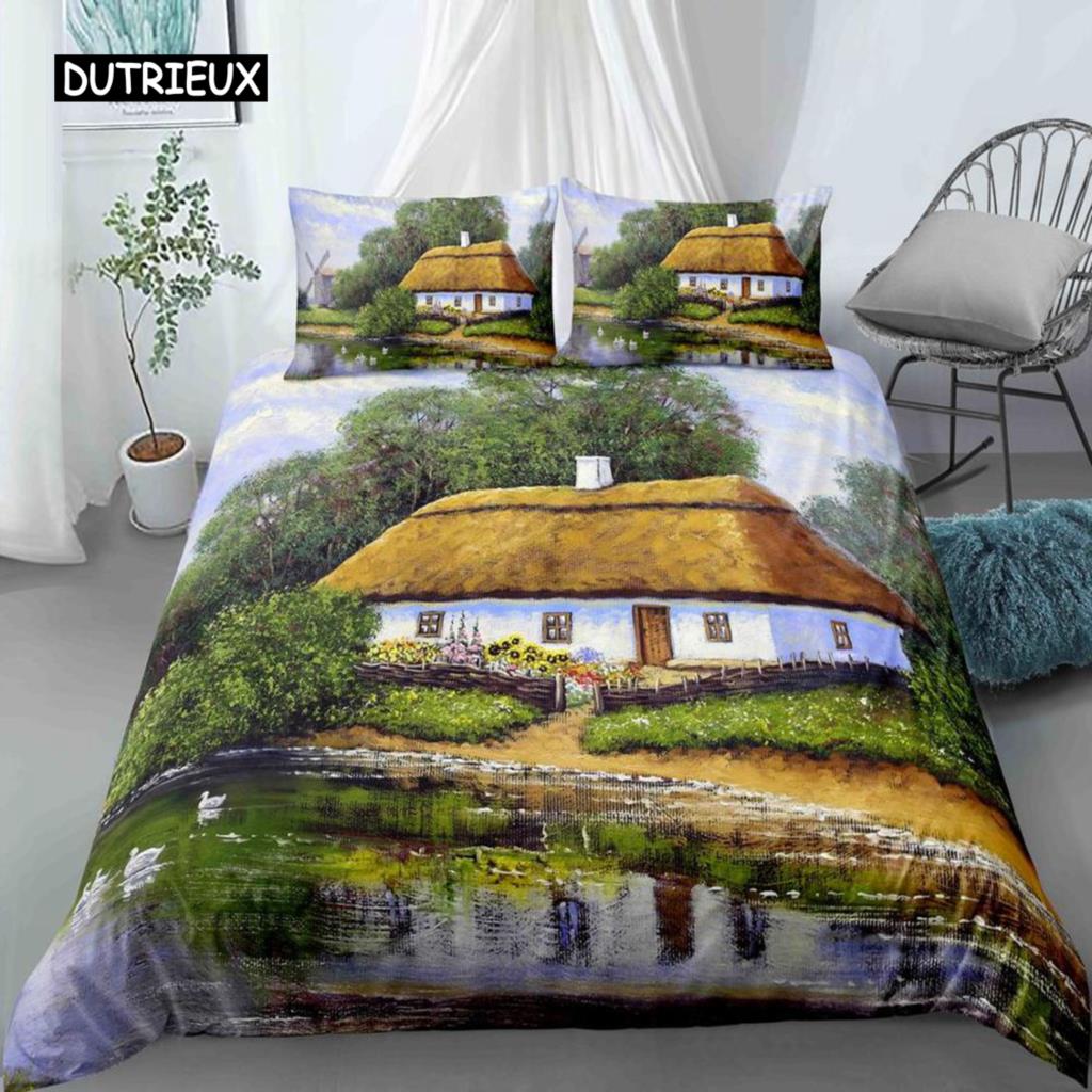 Oil Painting Landscape King Dimension Queen Size Bedspread Cover Natural Scenery Sleep Bedding Collection Teen Adult Floral Ocean Building Heavy-duty
