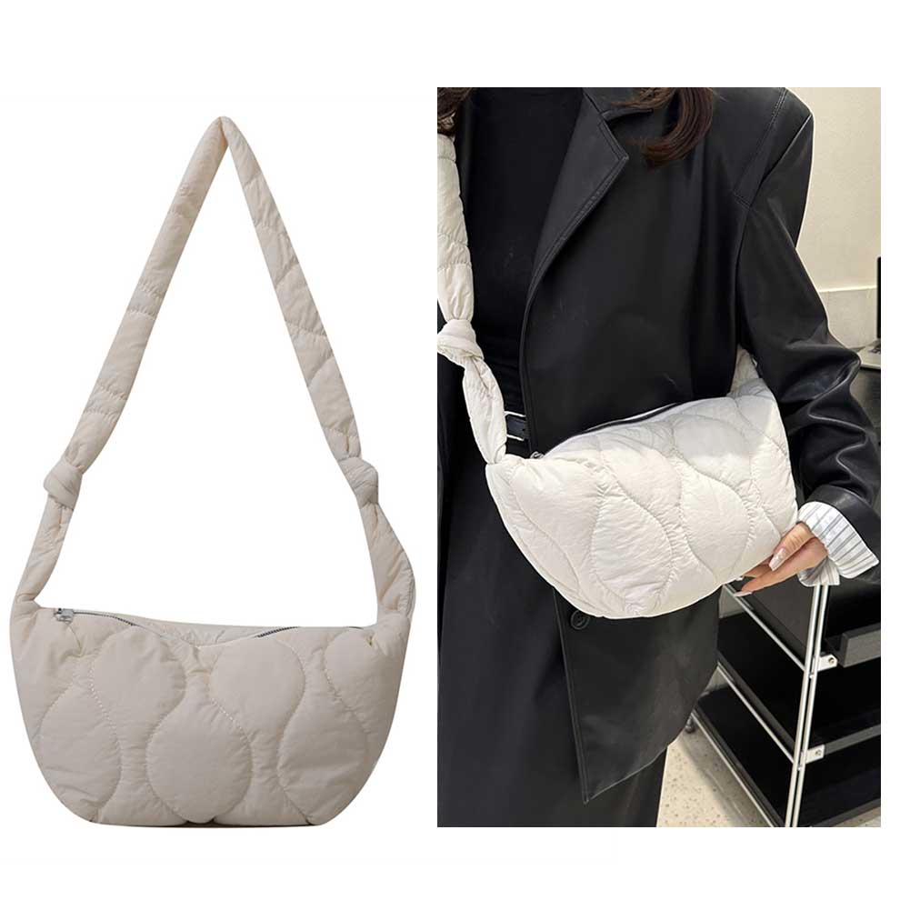 Female Pillow Shopper Bag Trendy Soft Down Cotton Padded Tote Handbag Solid Color Quilted Simple Crossbody Bag for Teenage Girls