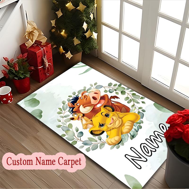 1pc Indoor Rug - Machine Washable Large Floor Mat with Lion Simba Timon Pumbaa Jungle Design, Customize Name Area Carpet