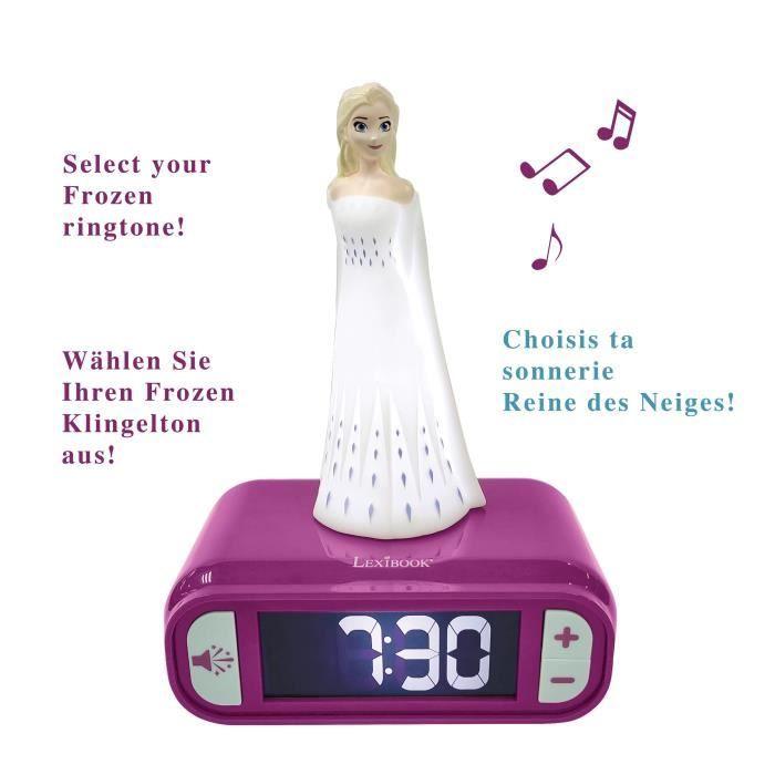 LEXIBOOK - Réveil veilleuse Elsa La Reine des Neiges - Sons et mélodies, écran LCD rétro-éclairé et lumineux - Blanc, Violet