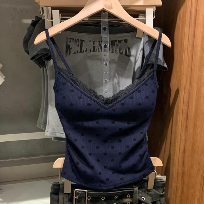 

American retro polka dot printing lace splicing fashionable and unique design sense suspender Spice Girl style short vest top L Темно-синій