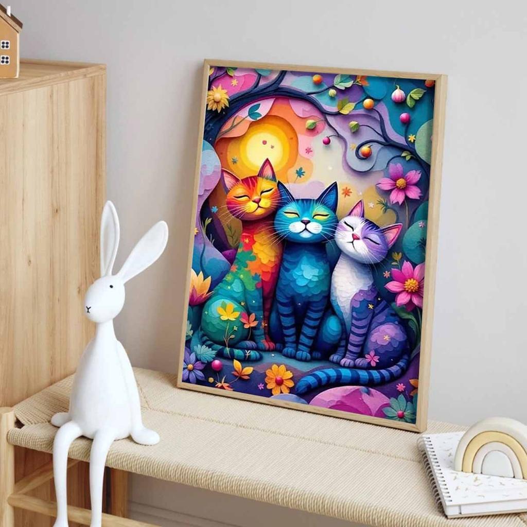 Diamond Painting Set DIY 5D Full Diamond Colorful Cats with Flowers Arts Crafts for Home Wall Decoration