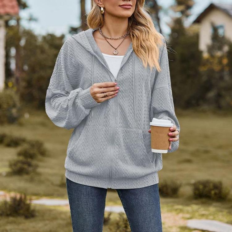 Women's Solid Color V-neck Zipper Loose Long Sweatshirt Jacket