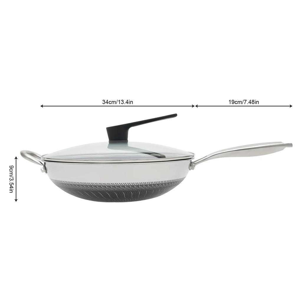 3.4-inch Stainless Steel Honeycomb Wok with Lid, Flat Bottom Frying Pan, Stir-Fry Pan, Suitable for Induction and Gas Stoves