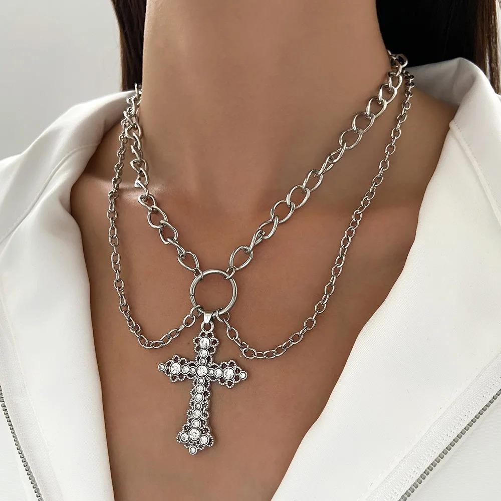 Personality Design Pearl Cross Pendant Necklace for Women Goth Style Crystal Stainless Steel Chain Chokers Punk Party Jewelry