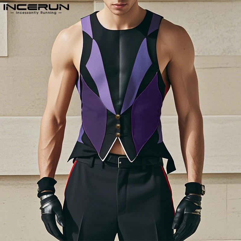 INCERUN Summer Men Sleeveless Color Block Print Casual Splits Tank Tops