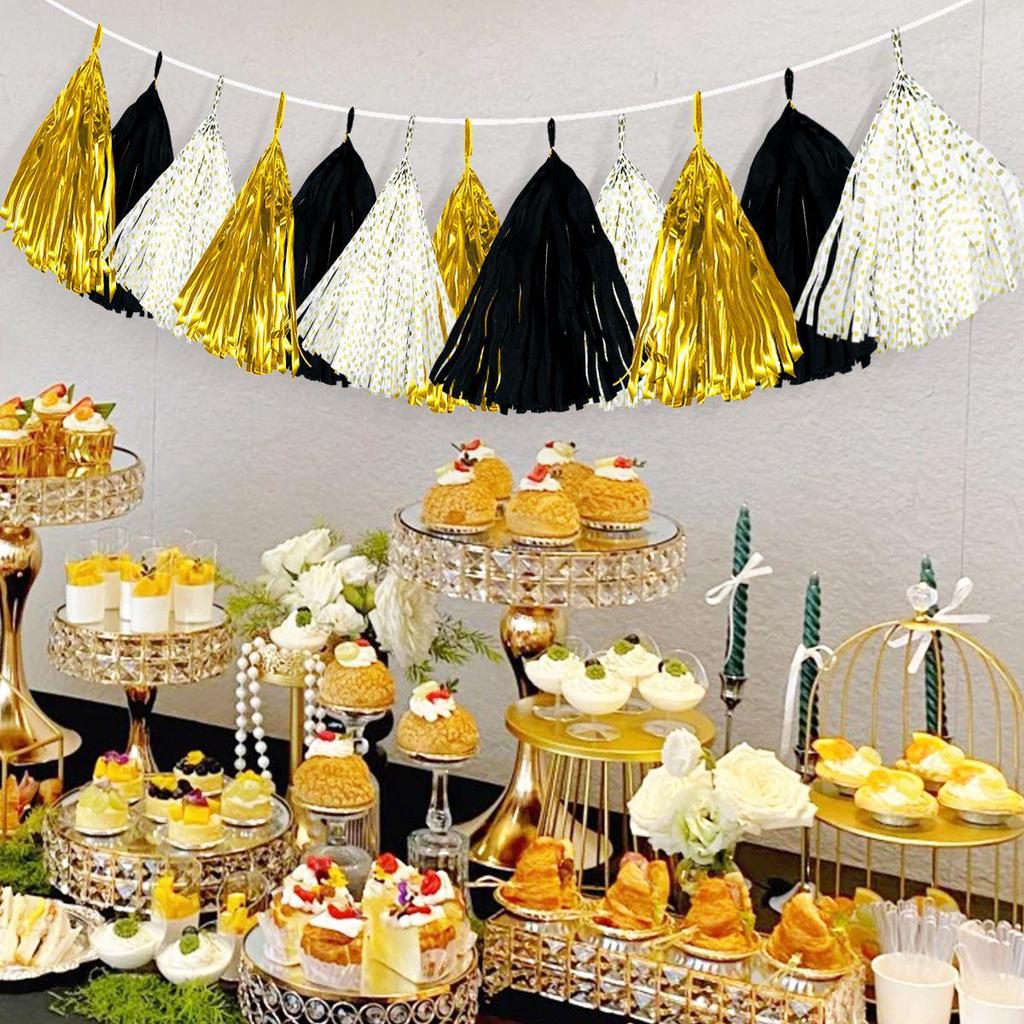 Black, Gold & White Three-Color Tassel Strands - 12 Pcs Aluminum Foil Streamers for DIY Decoration