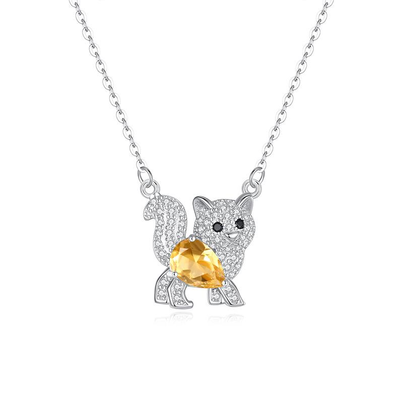 S925 Silver Cat Pendant Necklace Natural Crystal Choker Chain for Women