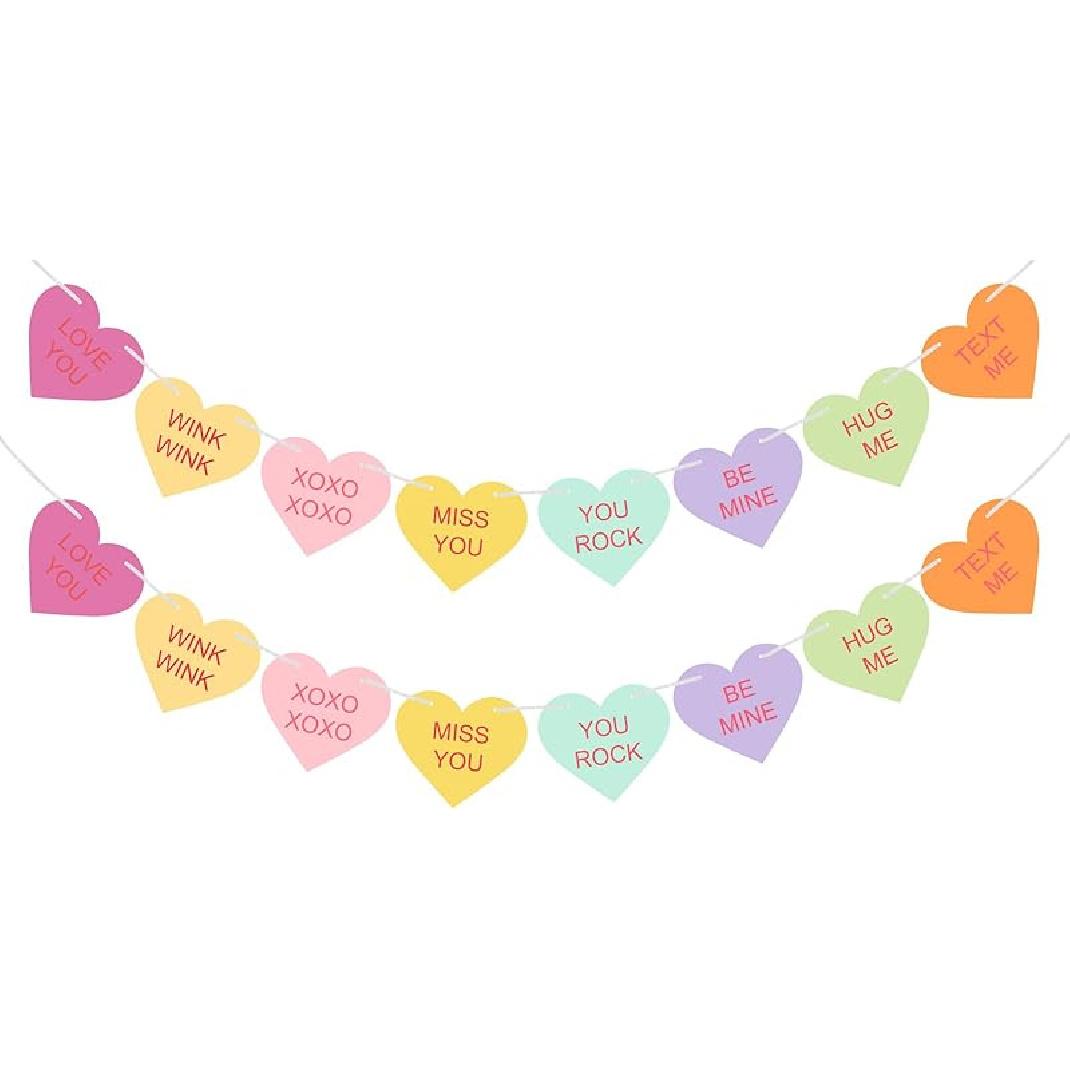 Valentines Conversation Hearts Candy Banner No DIY Valentines Day Heart Garland with 16Pcs Heart, 2Pack Pre-Strung Valentines Garland Heart Banner Multi Color