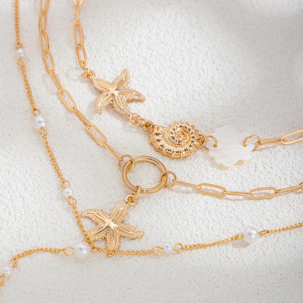 Bohemia Jewelry Gold Color Metal Starfish Conch Pendant Necklace Multi-layer Baroque Imitation Pearl Chain Choker Necklaces for Women