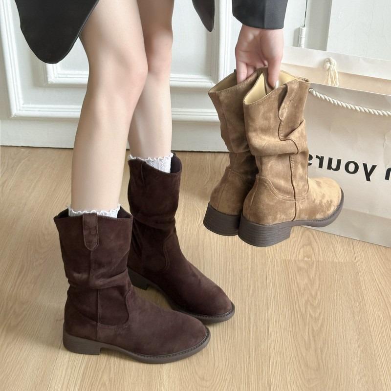 Cow Suede Ankle Mid Heel Modern Boots Square Heel Solid Women's Shoes 2025 Hot Sale Spring/autumn Slip-on Women's Boots