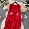 Autumn Winter Women Elegant 3D Flower Knitted Sweater Pullover Long Midi Christmas Party Dresses