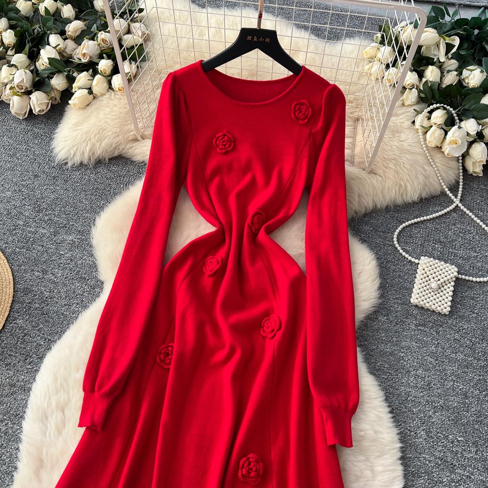 Autumn Winter Women Elegant 3D Flower Knitted Sweater Pullover Long Midi Christmas Party Dresses
