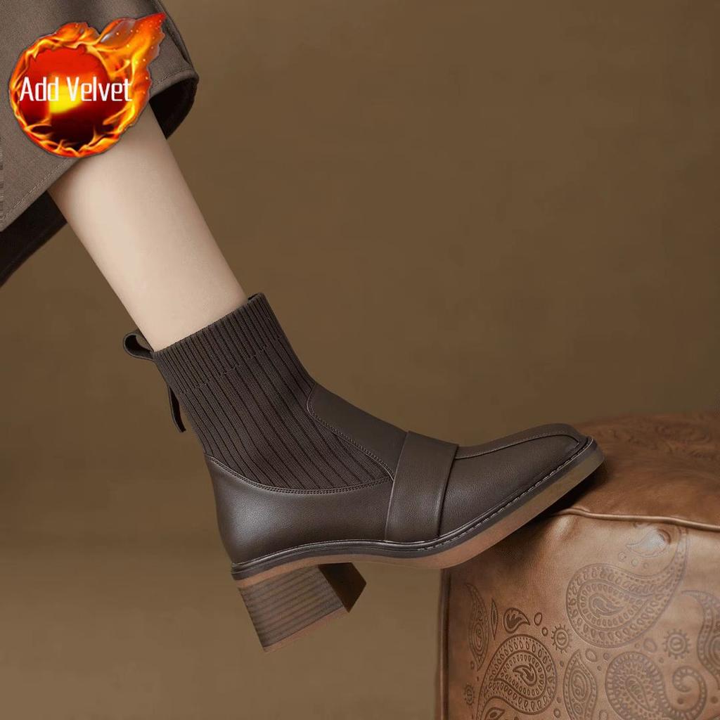 Mode Fyrkantig Tå Klackade Elastiska Damstrumpa Ankelstövlar Höst Vinter Fleecefodrade Kvinnliga Korta Skor Designer Lyxmode Stövletter