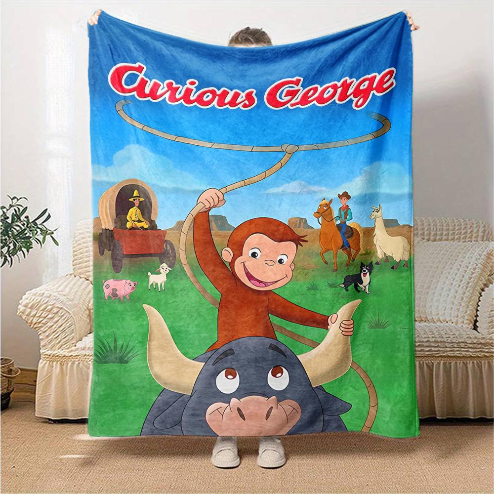 1pc Curious George (2) Blanket, Gift, for Men and Women, Soft Blanket, Good for Sofa Bed Couch Travel, Lightweight Flannel Blanket