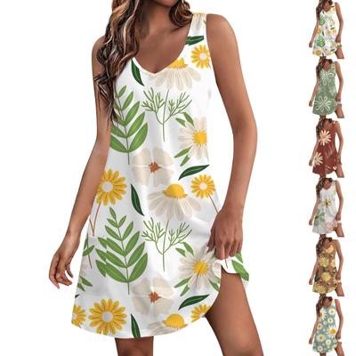 Lässiges Strandkleid für Damen mit V-Ausschnitt und Blumendruck und Taschen