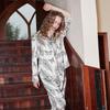 White Peacock Feather Silk Blend Loungewear Set Women Thin Long Sleeve Pajamas