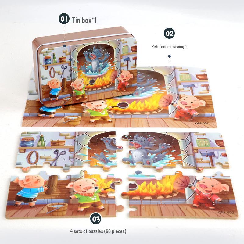 60-Piece Wooden Puzzle Tin for Kids Ages 3-6 - Early Education Building Blocks