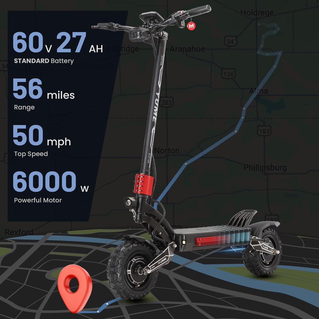 YUME Raptor High-Power Electric Scooter, Dual 3000W Motors, 60V 27Ah Battery, 90km Range, 11" Tires, Hydraulic Brakes