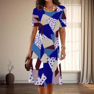 Moda Femenina Elegantes Estampados Geométricos Verano Primavera Manga Corta Cuello Redondo Vestidos Casuales