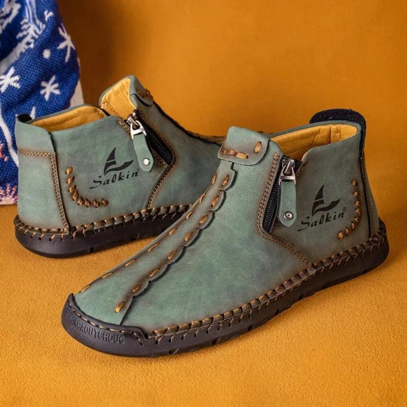 Modne skórzane botki męskie 2024 Nowe sneakersy z wysoką cholewką Luksusowe buty zimowe Obuwie męskie Casualowe futro Ręcznie robione buty motocyklowe Mężczyzna