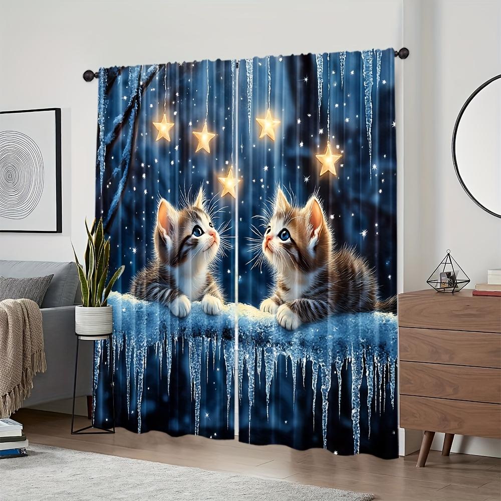 2 Pcs Starry Cats Curtains – 100% Polyester Light Filtering Modern Art Design for Bedroom Living Room Office Decor