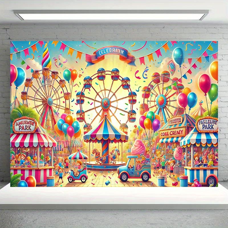 A 2D flat banner, 1 copy of the Happy Sunshine Amusement Park celebration banner - with a bright polyester fiber background