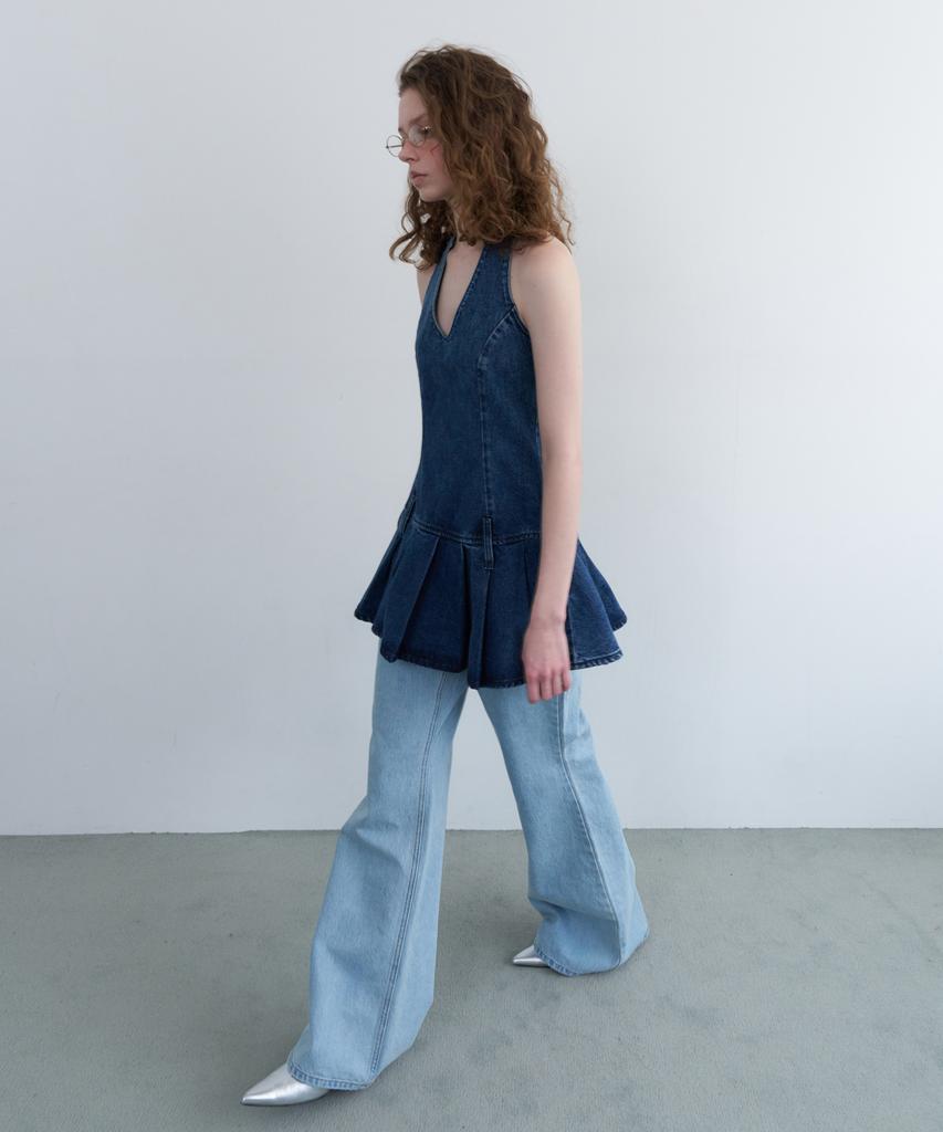 Obeodyupeulleeo Halter Neck Pleated Denim Dress_Indigo