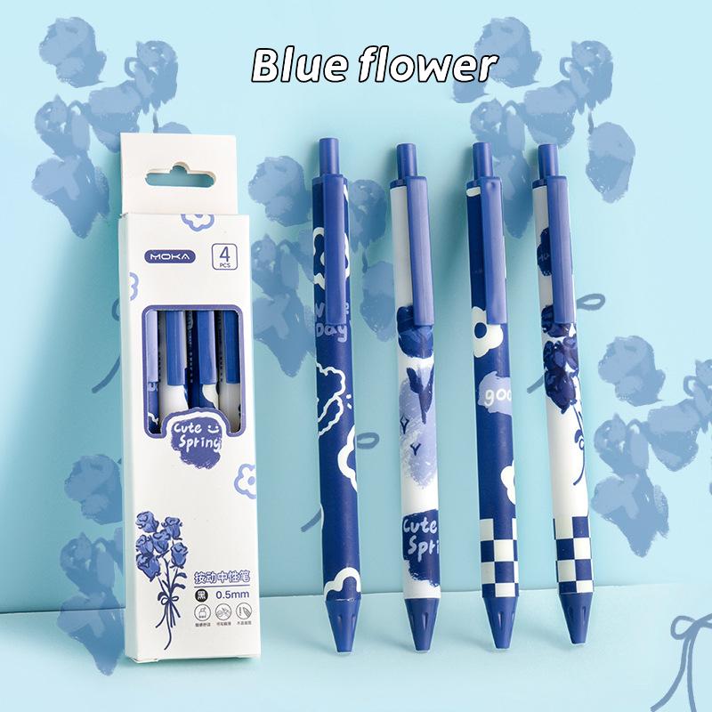 Conjunto de 4 Canetas Gel Florais Românticas Estampa Floral Adorável Ponta Esferográfica 0.5mm Tinta Preta para Escrever