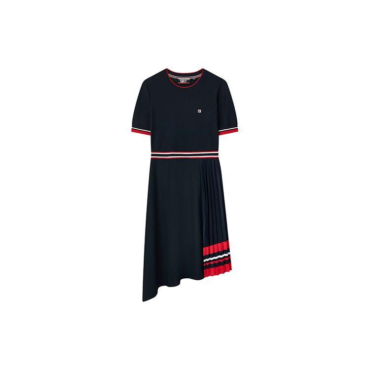 Fila Letter Logo Fashion Casual Sports Comfortable Breathable Slim Fit Round Neck Short Sleeve Dress Women Dresses Legendary-Blue F11W131314F-NV