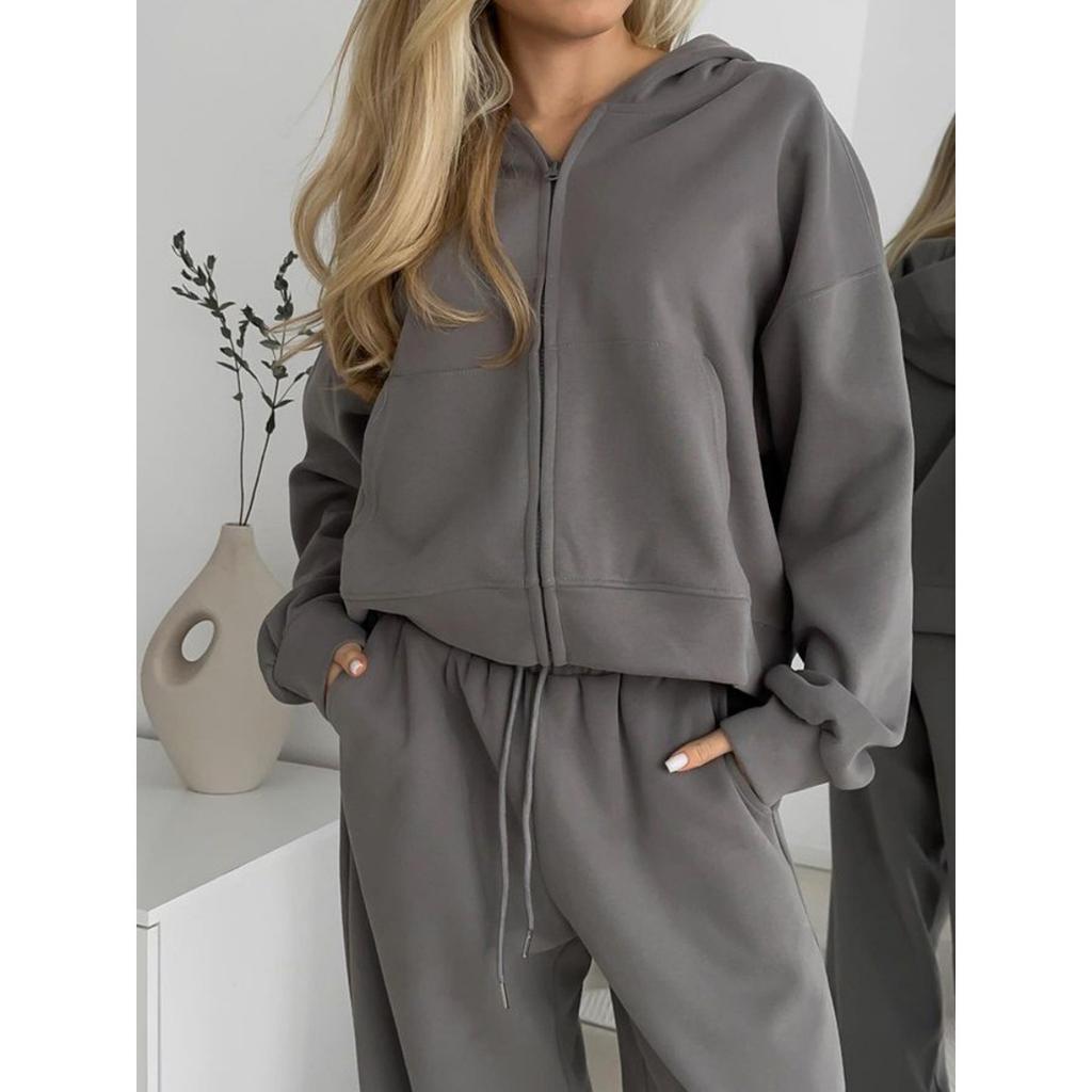 Women's New Zipper Hooded Sports Cardigan with Tie Up Pants Two-piece Casual Set