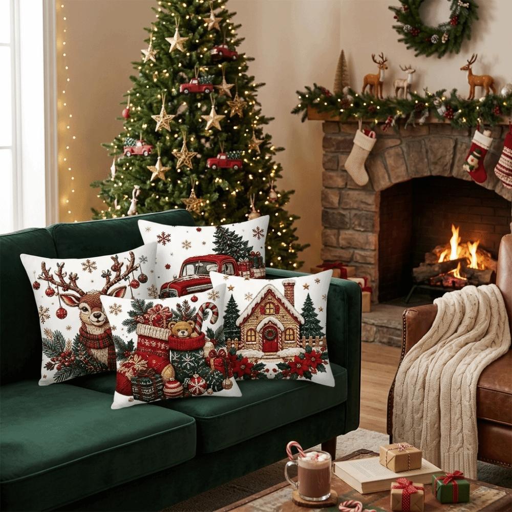 4PCS Tree Flower Throw Cushion Case New Year Snowman Pillow Cover Santa Pillow Cover Home
