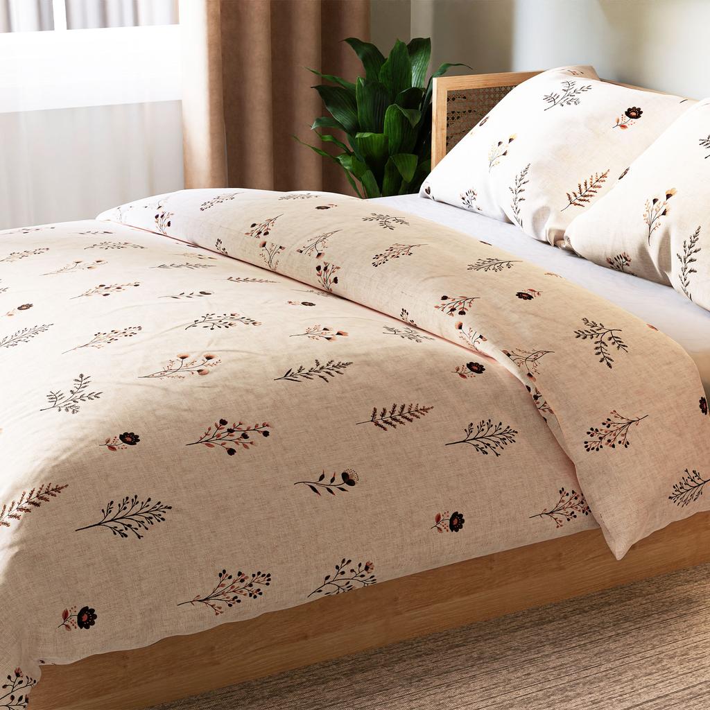Dusoria Cotton Satin Bedding Set Beige With Plants 160X200 Cm