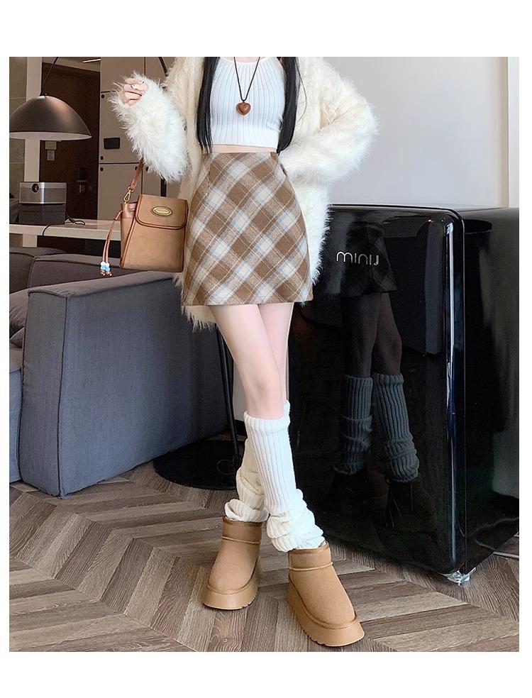 Korean Style Retro Plaid High-Waist Wool A-Line Skirt for Women - 2024 Autumn/Winter Collection