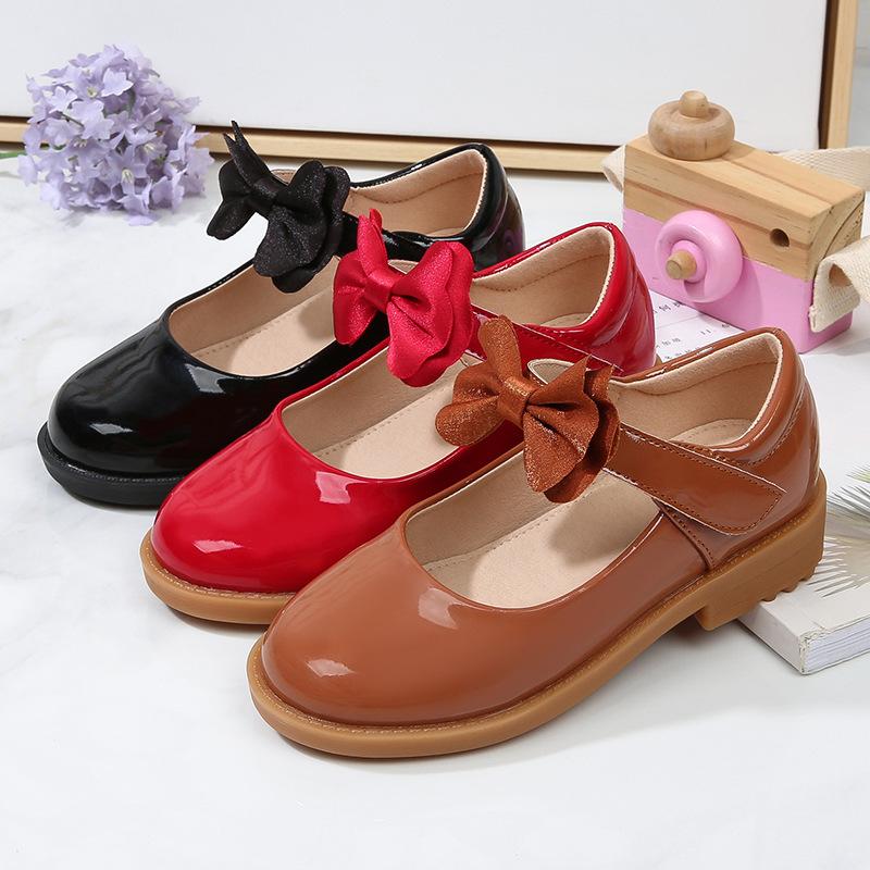 2024 New Soft Princess Shoes Black Bow Hook & Loop Glossy Fashion Kids Shoes Drop Shipping Cute Children Casual School Shoes PU