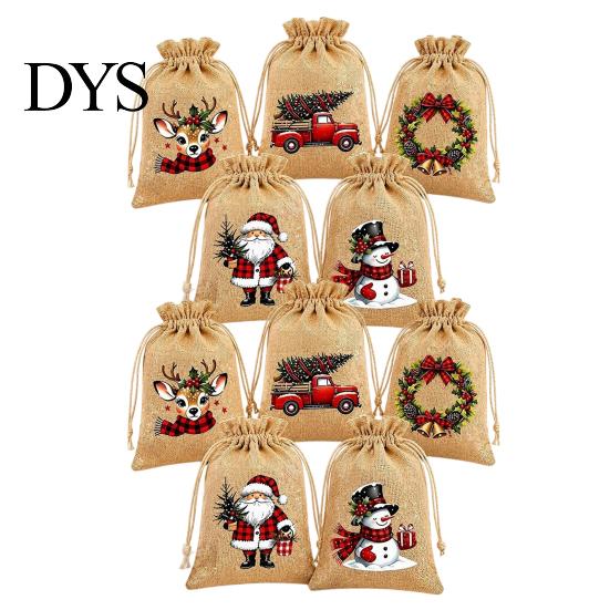 Santa Claus Snowman Reindeer Prints Christmas Jute Burlap Gift Bags, Drawstring Treat Candy Small Bags for Parties Bag, Reusable Linen Packaging Pouch