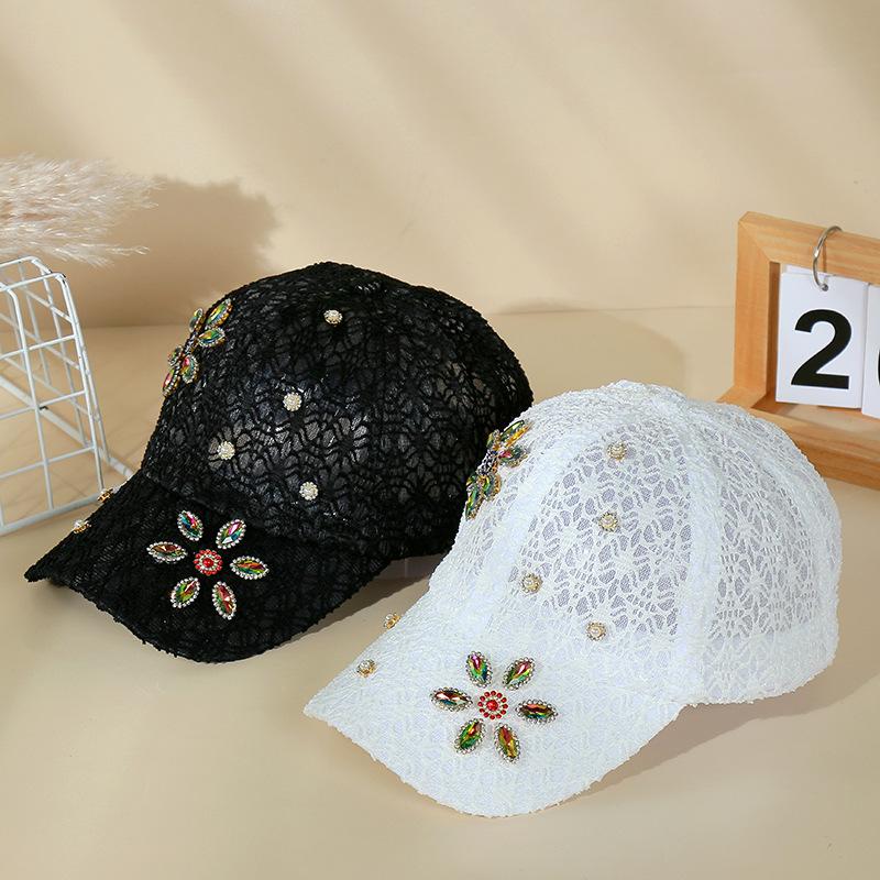 Korean-Style Face-Slimming Breathable Sun-Proof Baseball Cap, Fashionable Pearl Flower Peaked Cap, Lace Rhinestone Baseball Cap