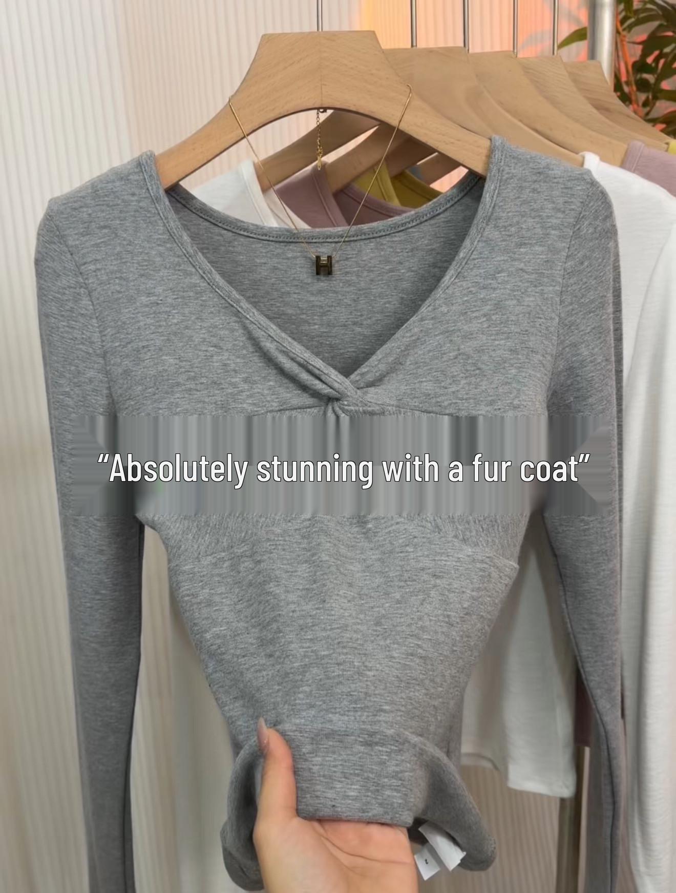 

2026 Spring Versatile Slimming V-Neck Twist Long-Sleeve Women s T-Shirt Medium (95-110) серый/цветочный