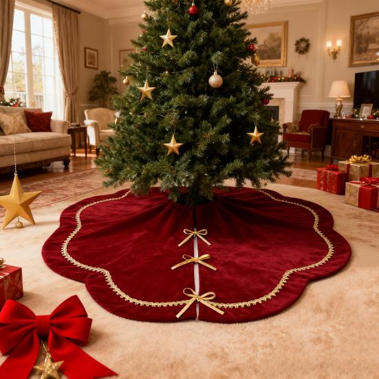 Sukně pod vánoční stromek Sametová chlupatá mušlová sukně pod stromek se zlatou krajkovou lemovkou pro rustikální vánoční svátky Domácí vnitřní party dekorace